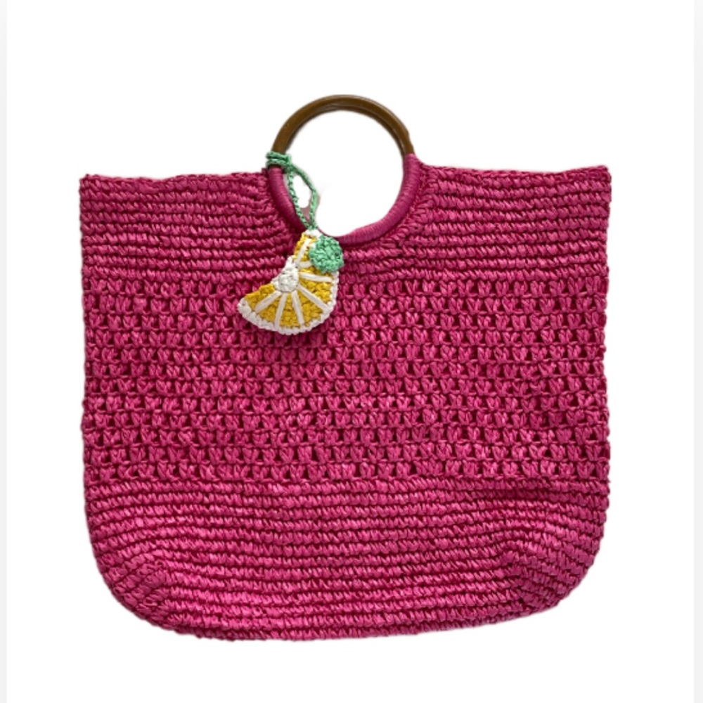 Tabitha Brown Large Pink Lemon Woven Paper Straw Tote
